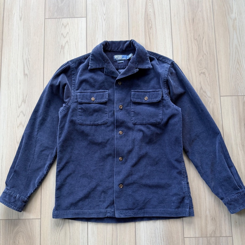 Polo Ralph Lauren Corduroy Work Shirt Mens Small Indigo Dye Loop Collar